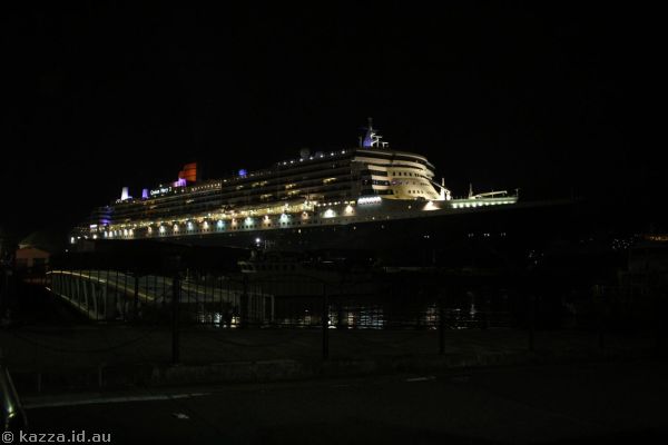 Queen Mary 2 docked at Nagasaki International Cruise Ship Terminal by night