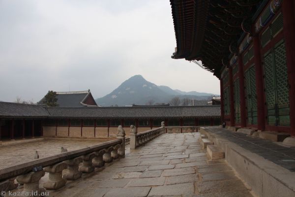 Courtyard of Geunjeongjeon hall and Bukhansan Mountain
