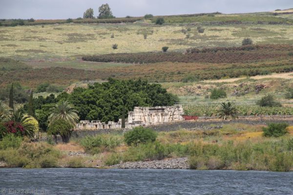 Looking towards Capernaum Synagogue from the Sea of Galilee