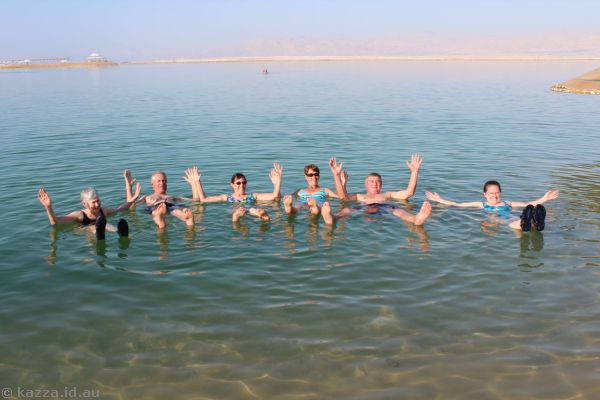 Pam and Peter H, Mum, Heather, Peter D and me floating in the Dead Sea<br/>Photo by Dad