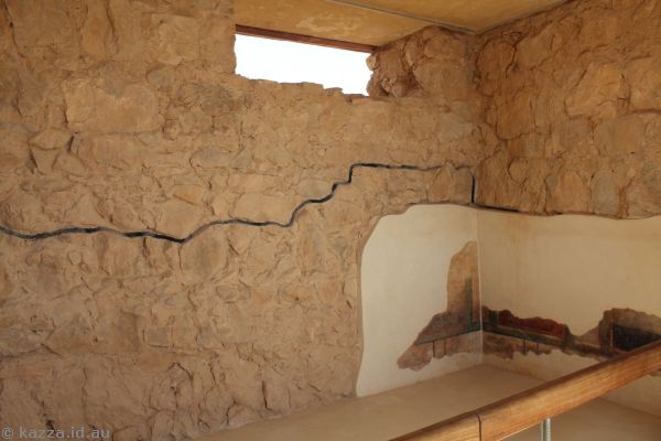 Fresco on the wall of the Commandant's Headquarters. The black line was the height of the wall when they found it.  They then rebuilt the walls on top<br/>Photo by Dad