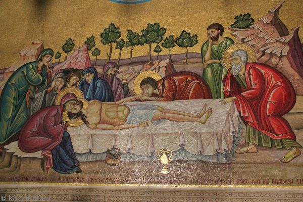 A mosaic depiction of Christ's body being prepared after his death