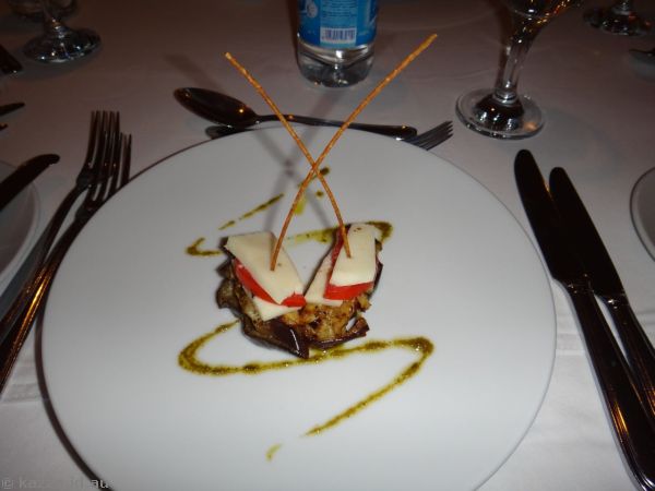 Mozzarella salad - fried eggplant, tomatoes, mozzarella cheese, served with pesto sauce