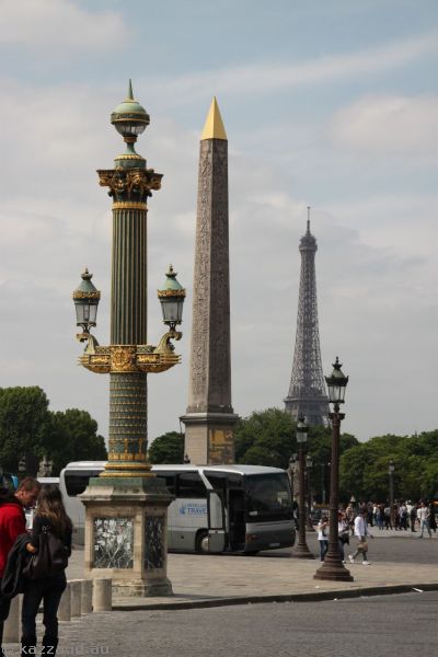 Lamp post, obelisk and Eiffel Tower