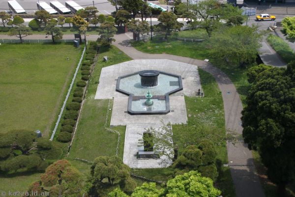Fountain in a park at the base of Mt Hakodate