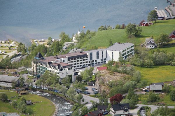 View of the hotel from the drive into Geiranger