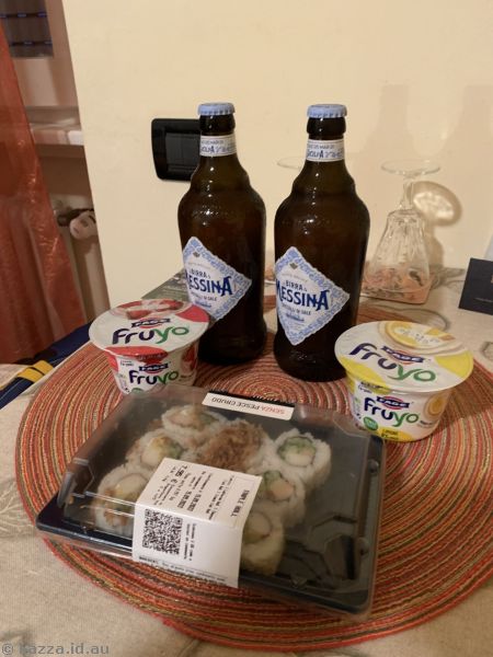 Beer and sushi and yoghurt we got for dinner