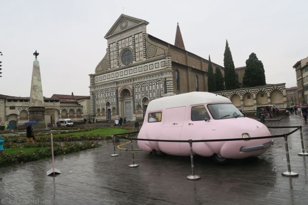 Salsiccia Fat Bus by Erwin Wurm outside Basilica of Santa Maria Novella<br>Photo by Mum