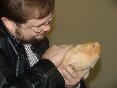 Stu and a very cute chicken
