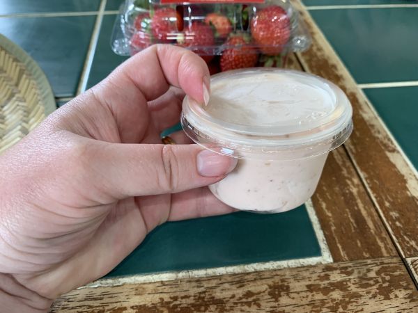 Tiny tub of ice cream at Bidgee Strawberries and Cream