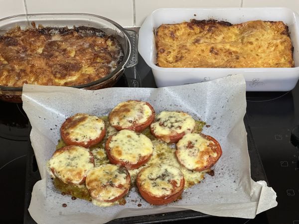 Lasagna, potato bake, tomatoes