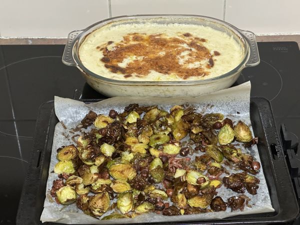 Chicken, leek and cheese casserole, and brussels sprouts