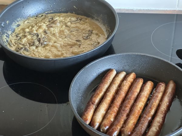 Sausages and creamy mushrooms