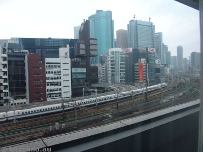Shinkansen from our hotel room in Shimbashi