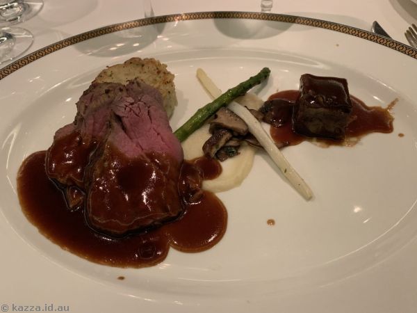 Roasted beef tenderloin and braised short ribs, celeriac puree, speck potato rosti and red wine sauce that I had for mains