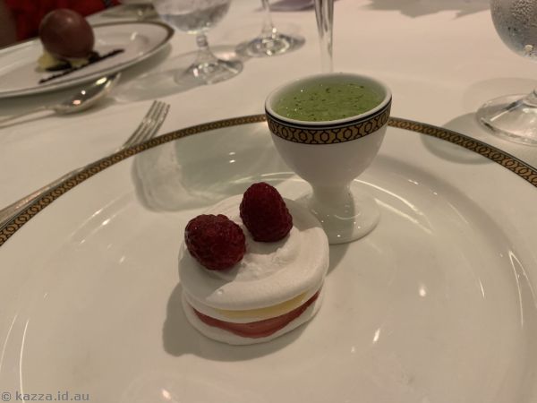 Fresh raspberry and lemon dacquoise with lemon ice that I had for dessert