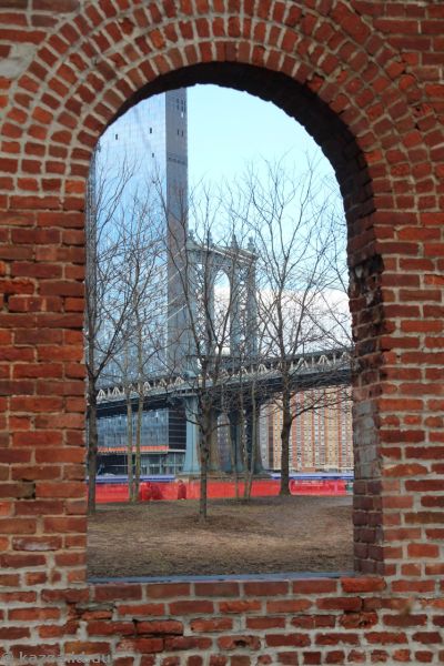 Manhattan Bridge from Max Family Garden (with monstrosity of a building behind it)