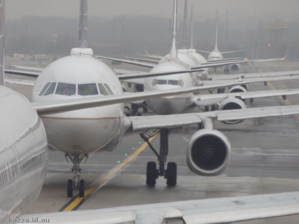 Aircraft queued for departure at Newark Airport
