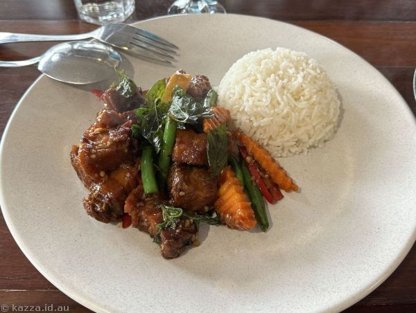 Pork belly, stir fry with chilli and basil (pad kaprao moo grob) ($38) that I had for lunch