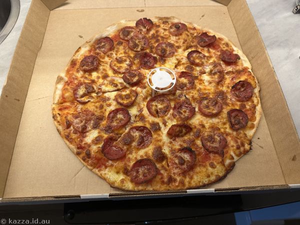 Pepperoni pizza ($31.50) we got from Centrepoint Pizza in Kiama