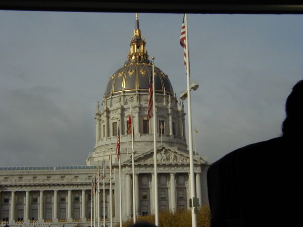 City Hall from the tour bus<br>Quite surprised this one worked at all - was taken from the opposite side of a tour bus through the window