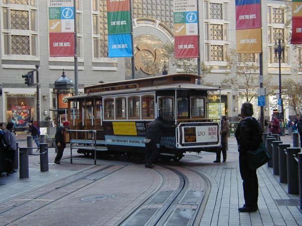 Turning the Cable Cars at the end of the line<br>The cable cars only go one way, so they have to be turned manually at the end of their runs