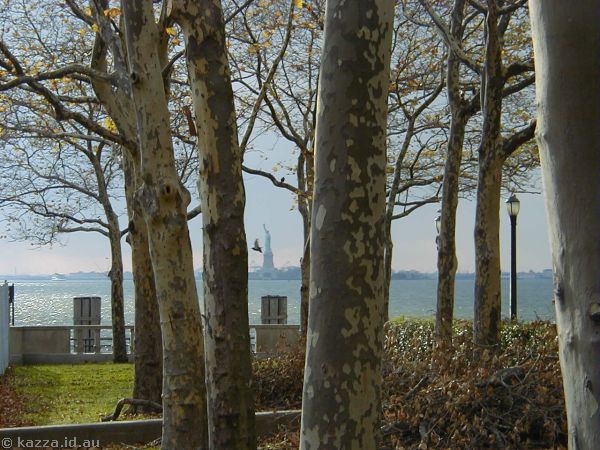 Statue of Liberty through the trees at Battery Park