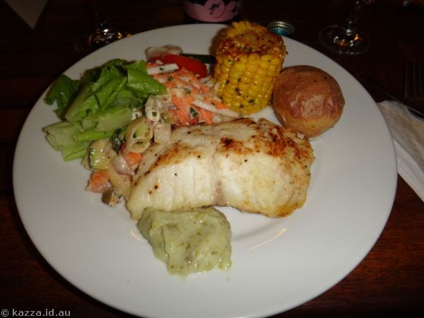 Grilled king salmon w/ lemon pepper, served with coleslaw, green bean and roast pumpkin salad and parsley potatoes