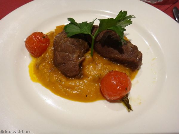 Creole pork cheeks braised in master stock, served with sweet potato mash and blistered cherry tomatoes.  This was super tender and tasty.