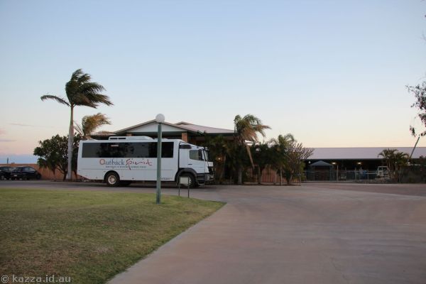 Our truck sorry coach outside the motor inn