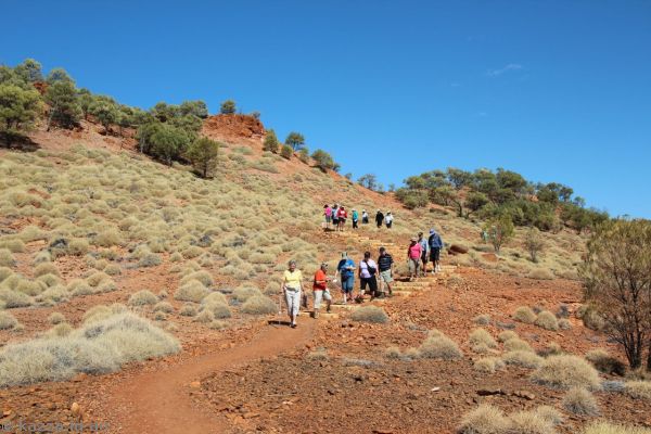 The group walking around the Dinosaur Stampede National Monument