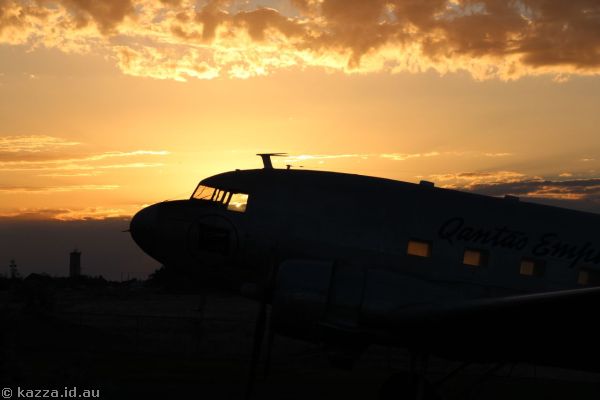 Qantas Douglas DC-3 VH-EAP at sunset at Longreach