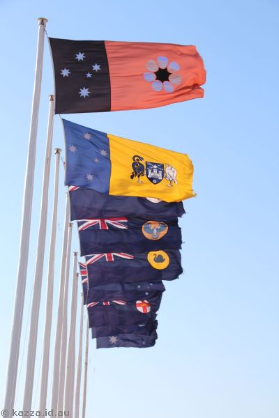 State and territory flags outside the Stockman's Hall of Fame