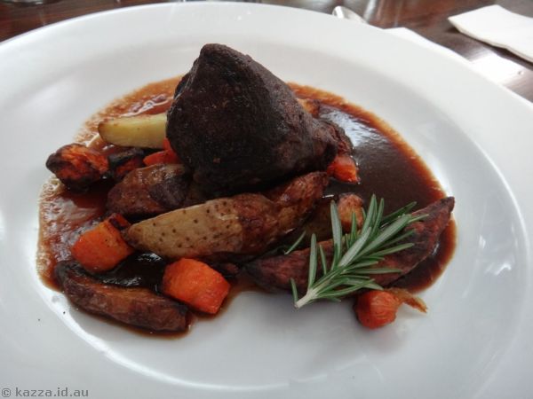 3 hour slow roasted lamp rump w/ roasted seasonal vegetables accommodated (their spelling!) w/ a hearty jus