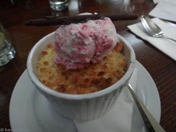 Apple crumble and boysenberry ice cream