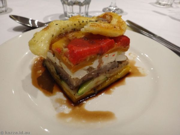 Mediterranean roasted vegetable stack, with pan fried haloumi and balsamic glaze