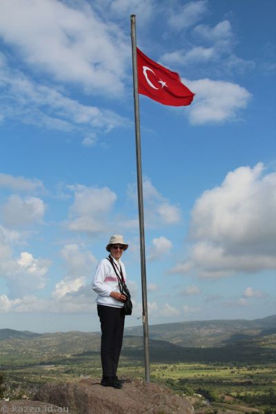 Mum and the Turkish flag at Assos